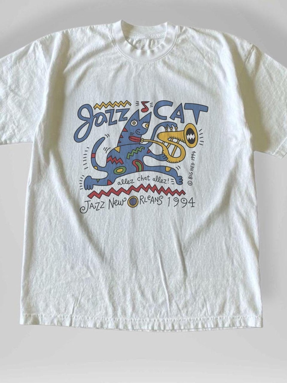 Gildan White Jazz Cat Graphic Tee with Blue Cat and Yellow Trumpet
